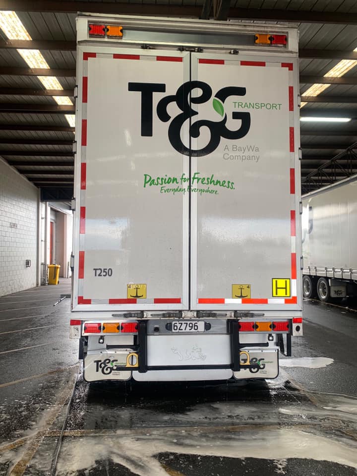 T & G Truck after it has been professionally cleaned by Pure Pressure. The dirt that was previously on the truck is now gone, and it is sparkling white